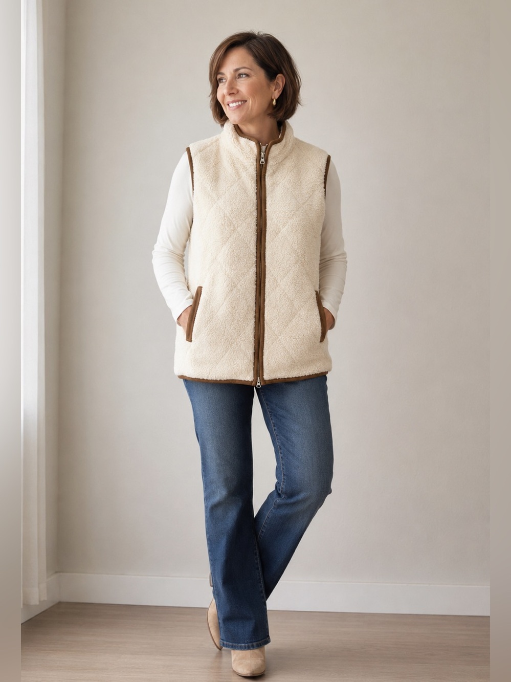 Lauren Ralph Lauren Cream Sherpa Vest with Brown Trim Size M